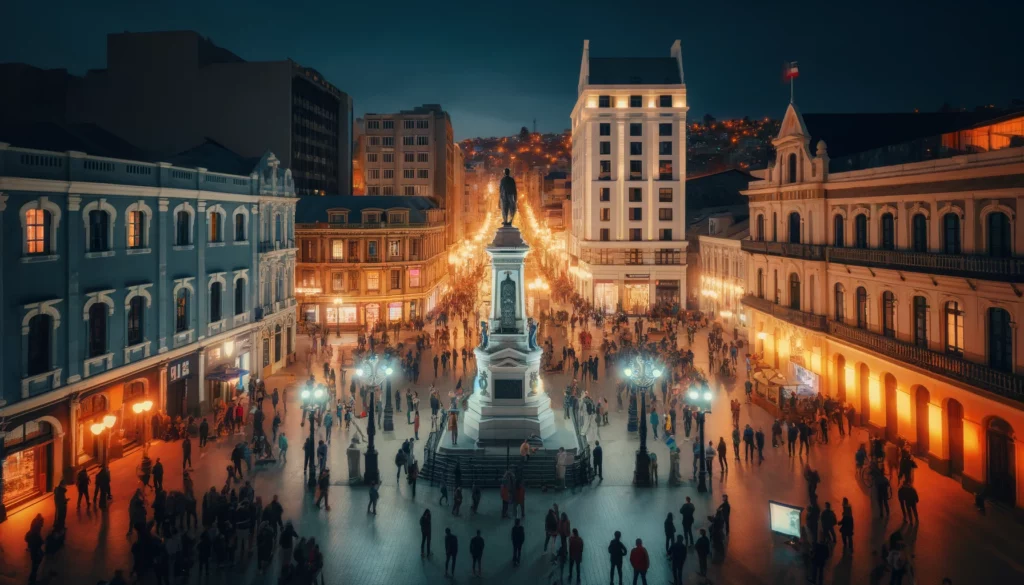 A movimentada Plaza Sotomayor à noite, iluminada e cheia de vida.